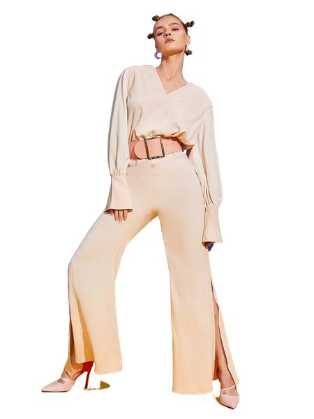 

x carmen overlap collar slit hem flare leg jumpsuit without belt a4l3#, Black;white