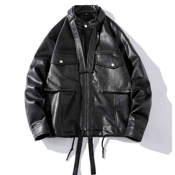 

zipper men leather jacket new autumn streetwear ribbon solid big pocket jacket coat hip hop men clothing pu leather jacket t220728, Black