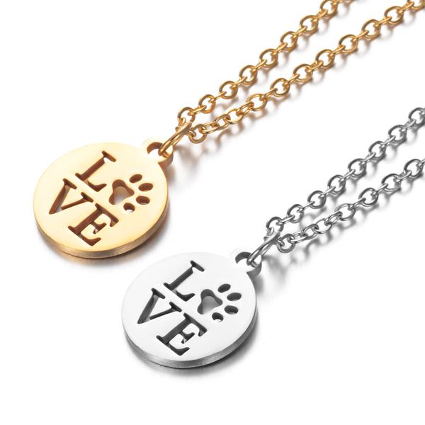 

30pcs love letter with heart paw print pendant necklace for women femme stainless steel bear cat dog animal paw charm chain choker jewelry, Silver