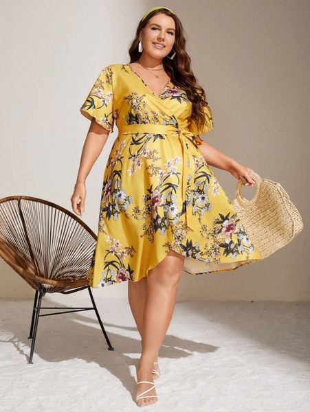 

plus floral print belted wrap dress l5tq#, Black