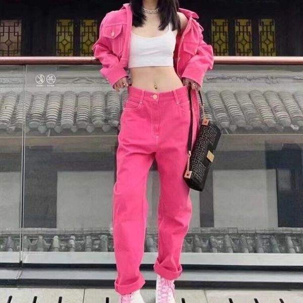 

tracksuits rose pink denim short coat jacket+straight pants suits women 2022, Gray