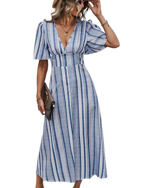 

striped puff sleeve tie back a-line dress v6ee#, Black;gray