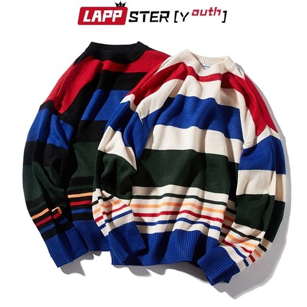 

lappster-youth men korean harajuku sweaters pullovers mens striped vintage streetwear o-neck sweater autumn oversize 201203, White;black