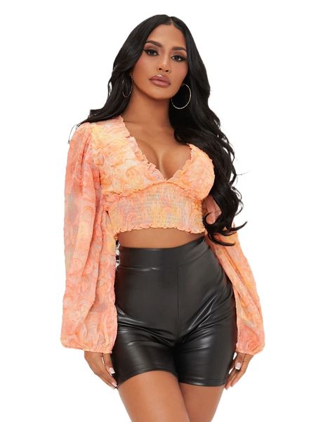 

sxy jacquard frill trim lantern sleeve crop m95v#, White