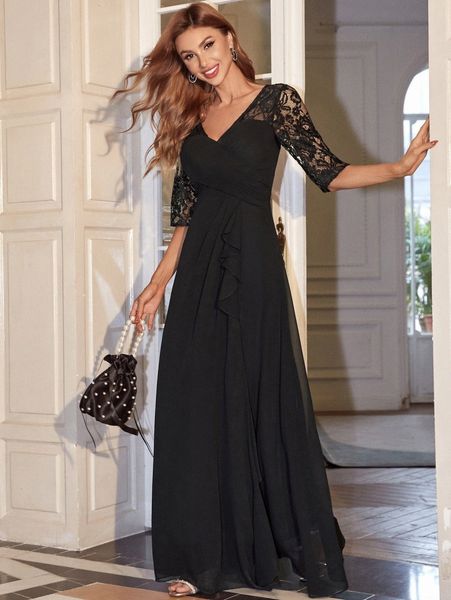 

contrast lace drapeÂ side chiffon prom dress t5nx#, Black;gray