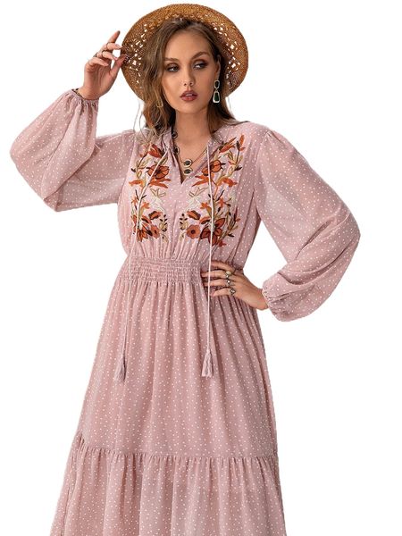 

rusttydustty plus polka dot print floral embroidery shirred ruffle hem waist dress w2y0#, Black