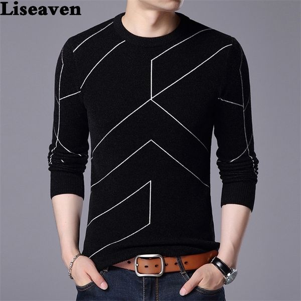 

liseaven men winter warm pullovers mens knitted sweaters cashmere wool pullover men casual striped sweater men o-neck pull homme 201126, White;black
