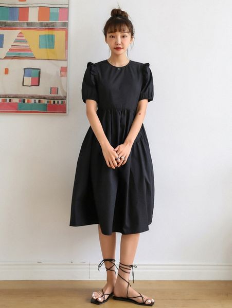 

dazy solid ruffle trim zipper back puff sleeve dress y0x1#, Black;gray