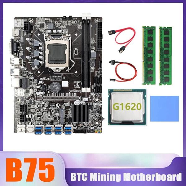 Placas base -B75 BTC Miner Placa base 8XUSB G1620 CPU 2XDDR3 8G 1600Mhz RAM SATA Cable Interruptor Almohadilla térmica B75 USB Placas base