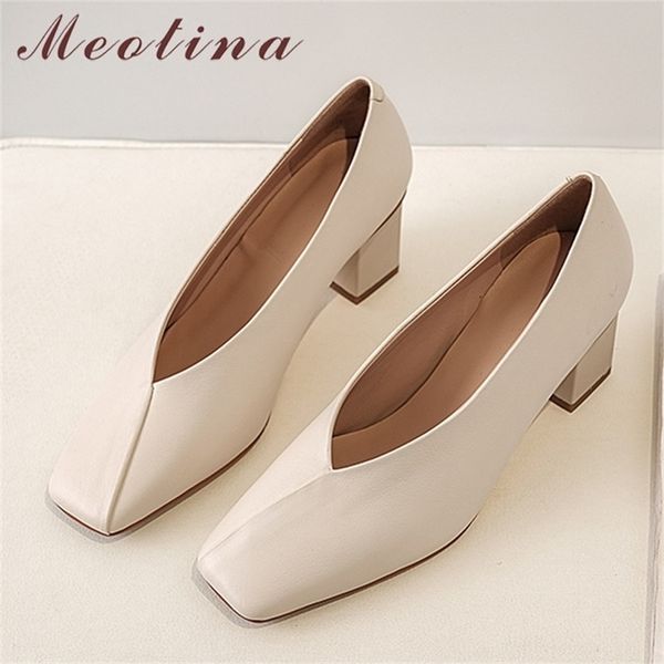 

meotina high heels women pumps natural genuine leather thick heel glove shoes real square toe office lady 40 s200114, Black