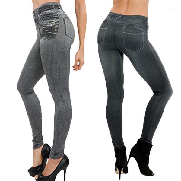 Frauen Leggings 2022 Frauen Imitation Jeans Hosen Elastische Slim Fitness Tasche Denim Hohe Hüften Sport Bleistift Casual