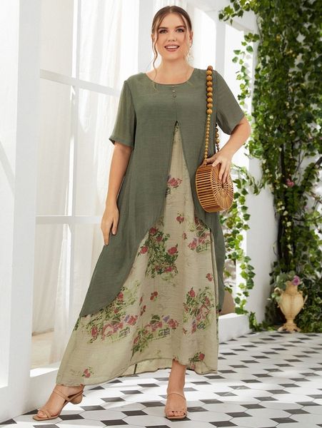 

plus floral print short sleeve combo dress m5tg#, Black