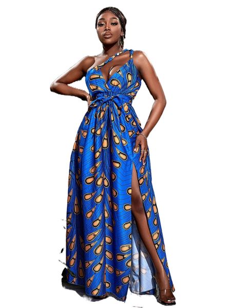 

allover print belted one shoulder dress v6bl#, Black;gray