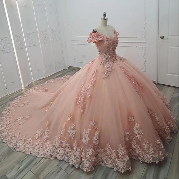 Abiti stile Quinceanera da principessa rosa pesca con spalle scoperte Abito da ballo gonfio Abito dolce 16 Abito con perline e pizzo sul retro Abito da festa di 15 anni