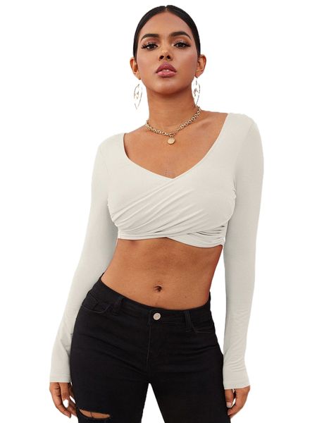 

v-neck cross wrap crop tee n8ek#, White