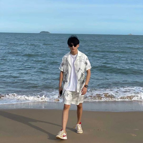 

original new product purey 21ss white plant flower selection series silk printing suit shirt and shorts, White;black