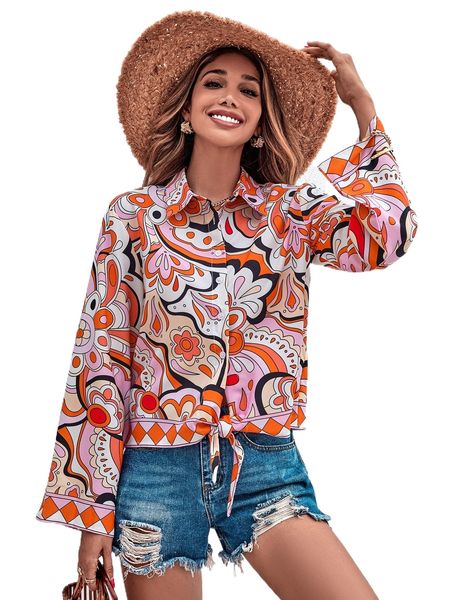 

allover print knot hem shirt 39lp#, White