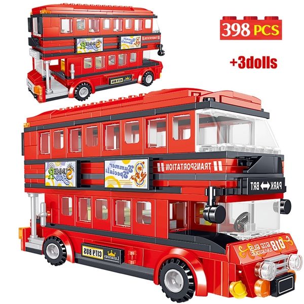 398pcs City Çift Güverte Otobüs Yapı Taşları Kırmızı Taşımacılık Okulu Araba Tuğlaları DIY Oyuncaklar Erkekler 220715
