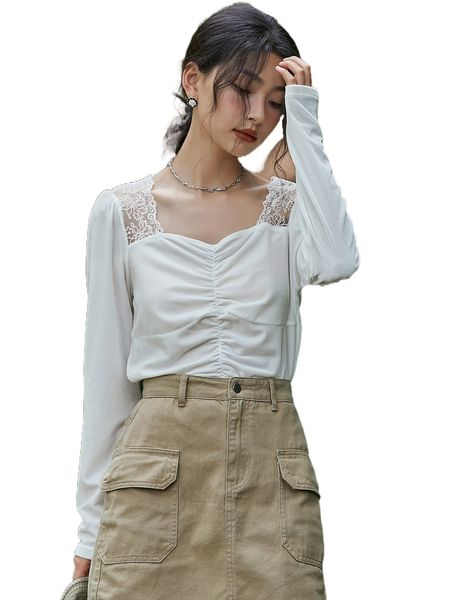 

dazy contrast lace ruched tee w8si#, White