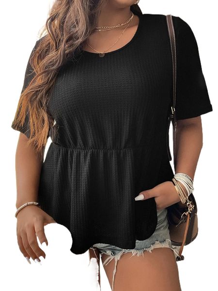 

plus solid peplum waffle knit tee q8cs#, Black