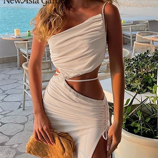 

asia fashion bodycon dress sloping shoulders hollow out split irregular tie up camisole maxi robe fashion party vestidos 220516, Black;gray
