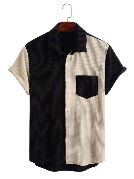 

men colorblock patched pocket high low corduroy shirt 63pz#, White;black