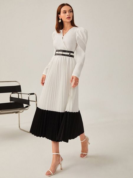 

gigot sleeve colorblock pleated hem belted dress x5ru#, Black;gray