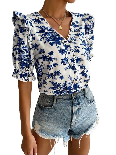 

floral print circle lace trim ruffle trim puff sleeve blouse 56c5#, White