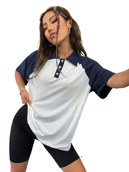 

contrast polo neck raglan sleeve tee 47lk#, White