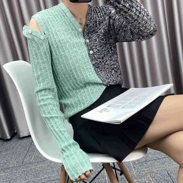 

women's knits & tees asymmetric off shoulder creative v-neck color matching left and right long sleeve early autumn fashion women', White