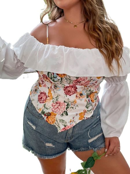 

plus floral print cold shoulder ruffle trim trumpet sleeve blouse w1rm#, Black