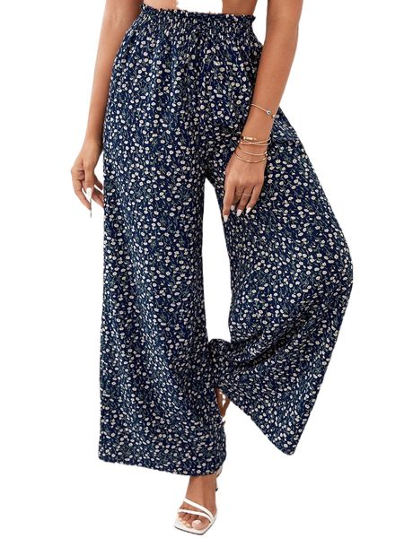 

ditsy floral paperbag waist wide leg pants 32p6#, Black;white