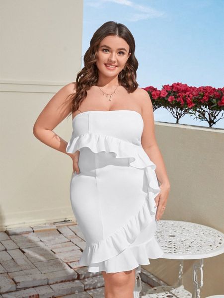 

plus ruffle trim backless tube dress t9vb#, Black