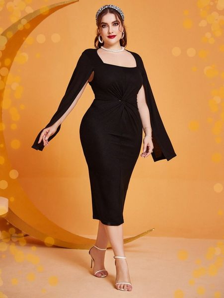 

plus twist front cloak sleeve bodycon dress i3gp#, Black