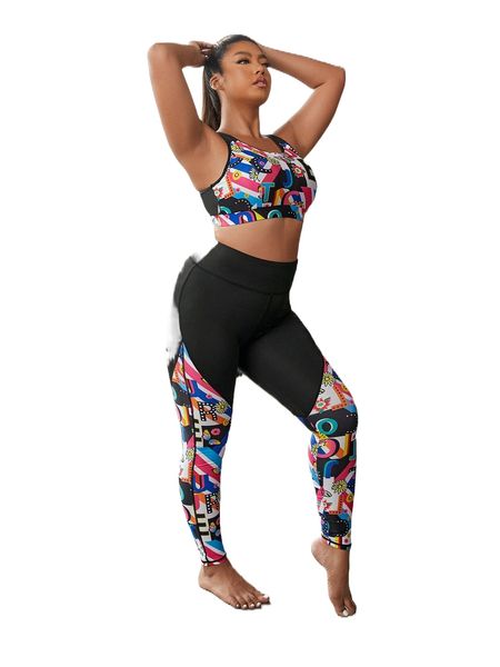 

plus four-way stretch floral & letter graphic sports set h4sc#, Black