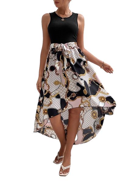 

chain print belted high low dress y659#, Black;gray