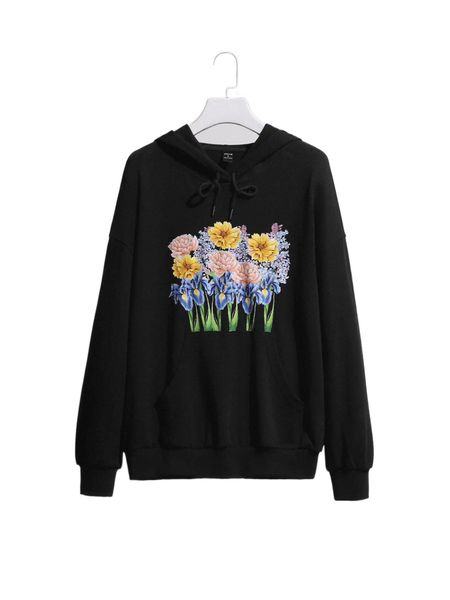 

x sn floral print drop shoulder drawstring hoodie i0e0#, Black