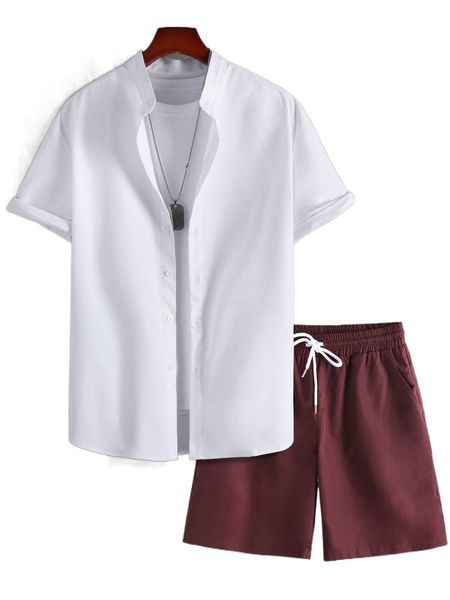 

men solid mock neck shirt & shorts without tee i3ja#, Gray