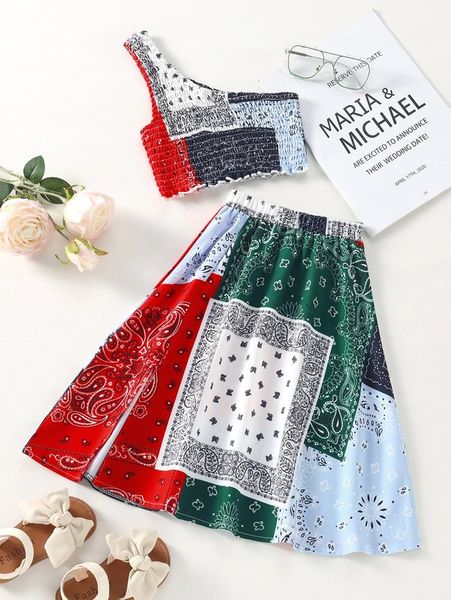 

toddler girls paisley scarf print shirred one shoulder & skirt she, White