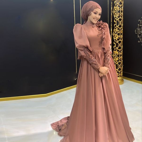 Hijab muçulmano vestidos de noite frisado uma linha chiffon vestido formal gola alta manga longa árabe dubai vestido de festa das mulheres robe de soiree 326 326