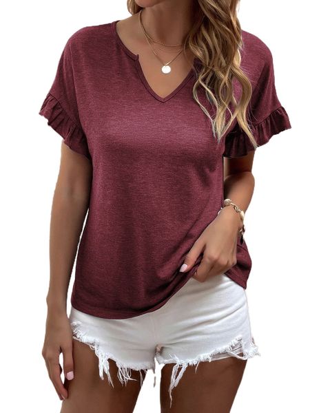 

notched neckline flounce sleeve tee s6lh#, White