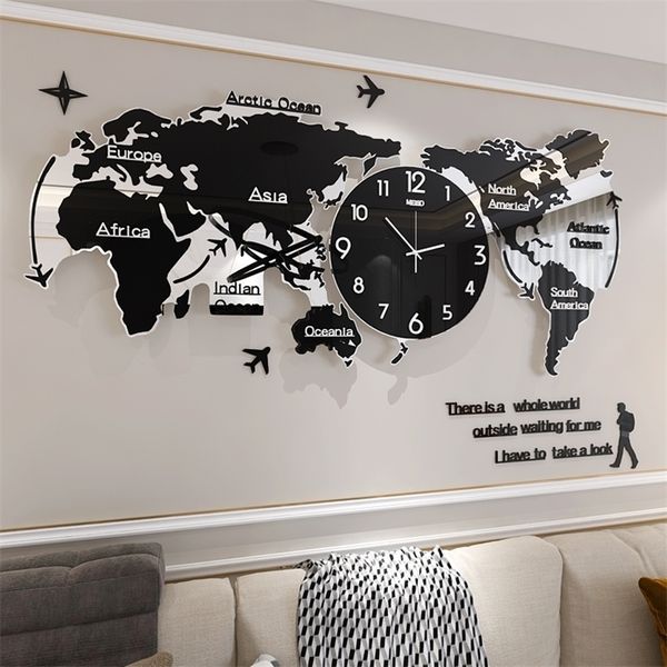 Творческий мир карта большие настенные часы современные акриловые 3D -часы настенная настенная декор гостиная.