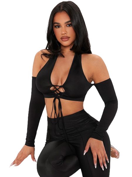 

petite tie back off shoulder lace up front crop c7ws#, White