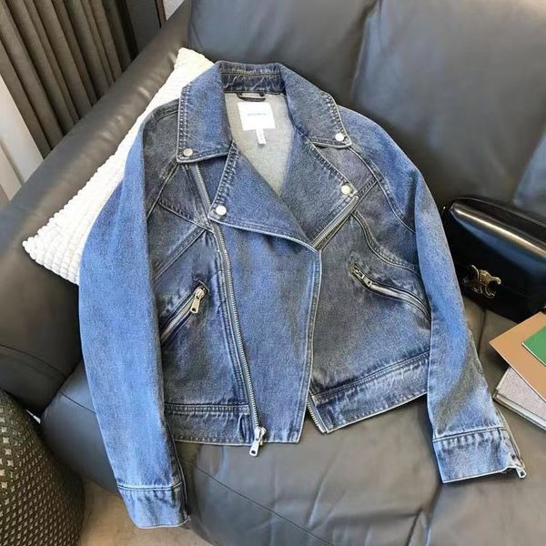 WT131-Giacche da donna Giacche di jeans da donna firmate di marca Giacca da giacca corta in jeans stile motociclista a maniche lunghe con cerniera grande risvolto per donna