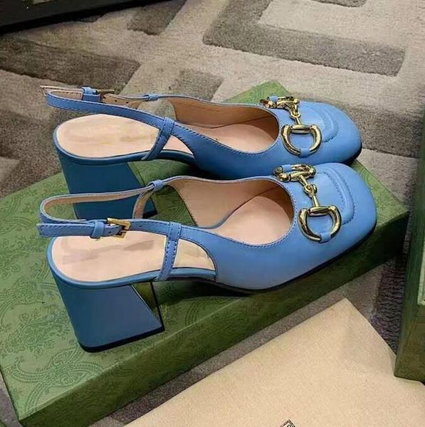 

summer lady's dress shoes women sandal slingback women's mid-heel pump leather with horsebit round toe luxury designer box, Black