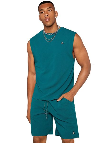 

men patched detail tank & drawstring waist slant pocket shorts set f8x2#, Gray