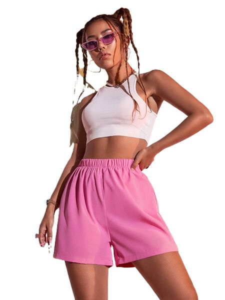 

solid elastic waist shorts y42n#, White;black