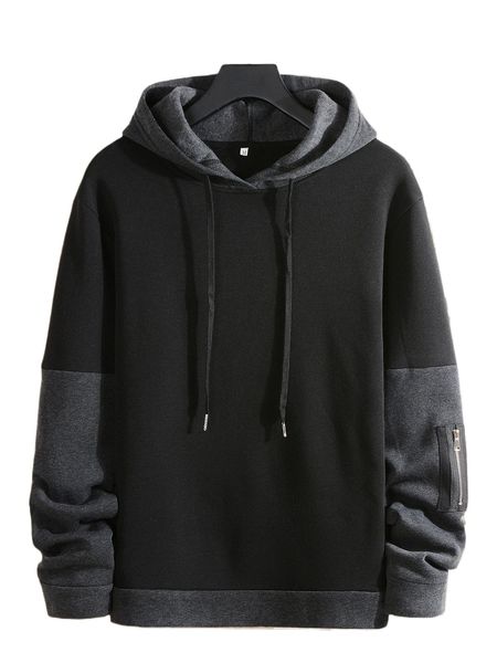 

men colorblock drop shoulder drawstring thermal hoodie z7yx#, Black