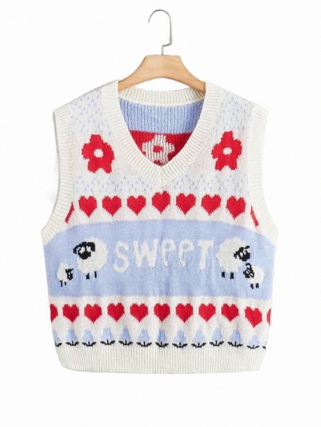 

plus heart & sheep pattern sweater vest 384e#, Black