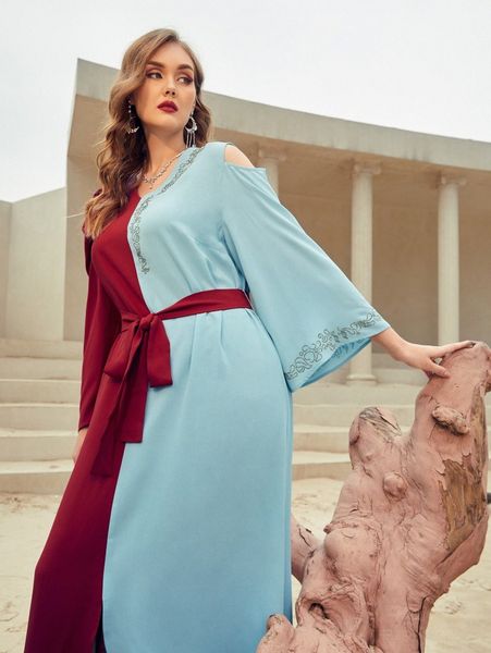 

plus rhinestone cut out two tone asymmetrical hem belted dress i3tn#, Black